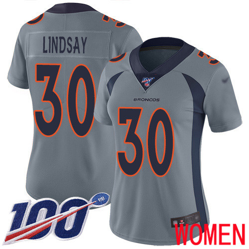 Women Denver Broncos #30 Phillip Lindsay Limited Silver Inverted Legend 100th Season Football NFL Jersey